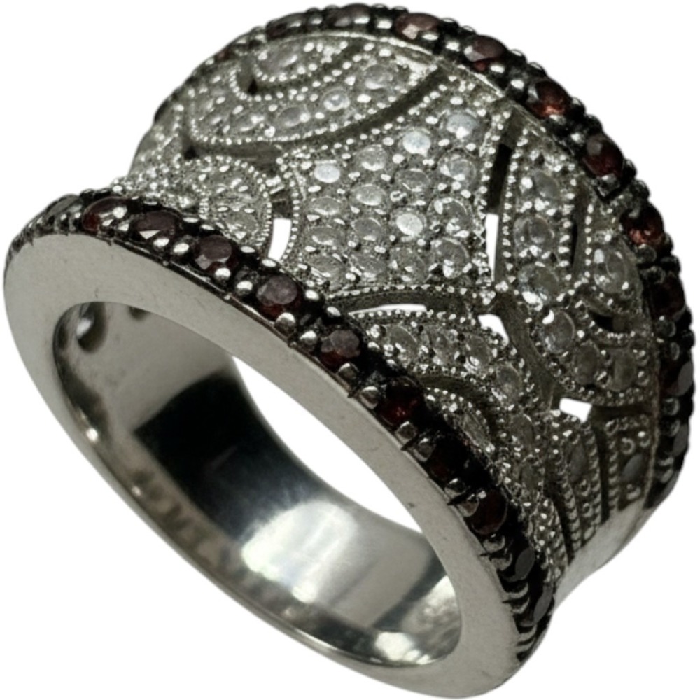 Sterling Wide Band Ring Pave White Brown Cubic Zirconia Accents Size 6 Feminine